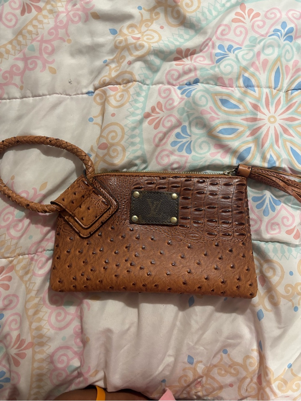 Textured Brown Faux-Ostrich Wristlet Clutch